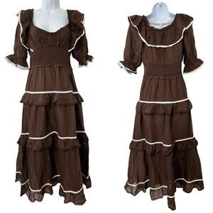 Anthropologie Puff Sleeve Tiered Maxi Dress‎ Size S Brown Smocked Prairie NEW